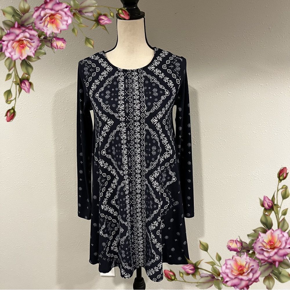Geometrical floral print long sleeve navy tunic / mini dress